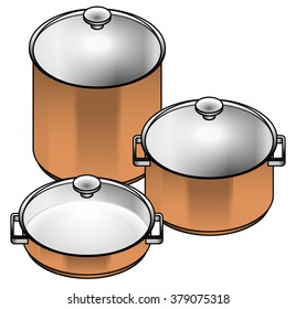 A set of three satin copper cooking pots - stock, soup, paella and risotto pots.