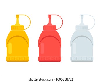 Set of three saucers - white, yellow and red. Catering concept - tubes for ketchup, sauce and mustard on a white background. Vector illustration.