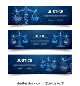 Set of three Scales horizontal banners. Horizontal illustration for homepage design, promo banner. Justice low poly symbols with connected dots