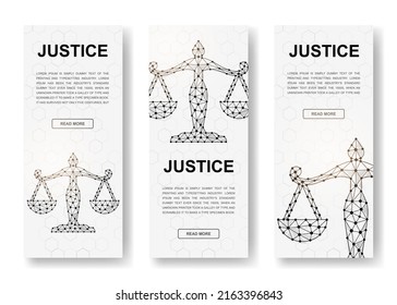 Set of three Scales polygonal vertical banners. 3d Justice low poly symbols with connected dots. Vertical illustration for homepage design.