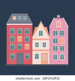 Set of three Scandinavian houses on a blue background. Vector isolated objects for use in clipart or web design