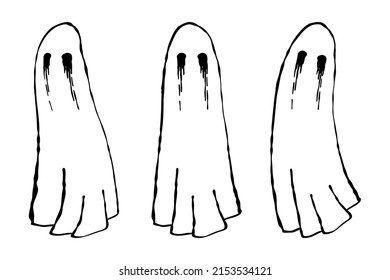 Set of three scary ghosts. Flying halloween phantoms spirits. Spooky souls. Hand drawn vector illustration.