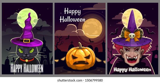 Set of three scary Halloween posters. Helloween greeting cards set. Vector illustration.