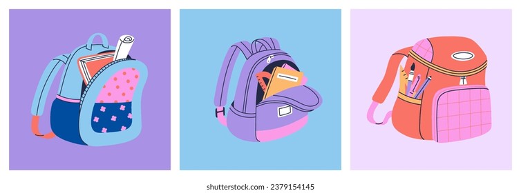 Juego de tres mochilas escolares y bolso de escuela. Colección de bolsos para niños con papelería, libros de texto. Ilustración vectorial dibujada a mano aislada en el fondo de color. Estilo moderno de dibujos animados planos.