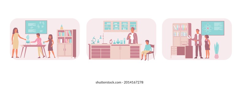 Conjunto de tres composiciones escolares con vistas al aula con profesores y piezas de equipamiento de laboratorio ilustración vectorial
