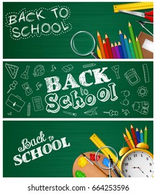 Set of three School supplies on chalkboard background