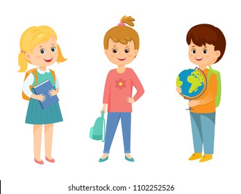 Set of three schoolkids.Isolated on white background. Cartoon style. Vector illustration