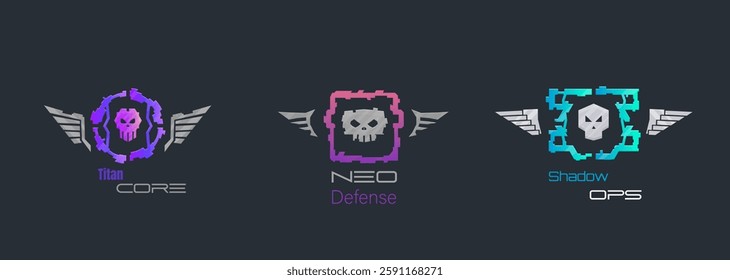 Set Of Three Sci Fi Futuristic Hud Style Military Logo With Skull And Wings Isolated On Dark Blue Vector Design