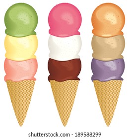 A set of three scoop ice cream cones. 