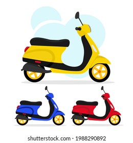 Set of three scooters in different colors on a white background, vector illustration. The concept of online order delivery. You can use it for a website, mobile app, flyer, poster, banner.