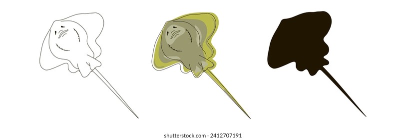 Set of three sea stingrays in line and doodle style and black silhouette. Vector illustration isolated on white background