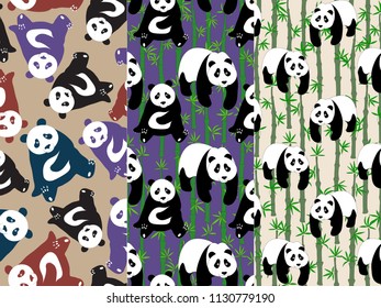 Set of three seamless abstract patterns with hand-drawn cute pandas.