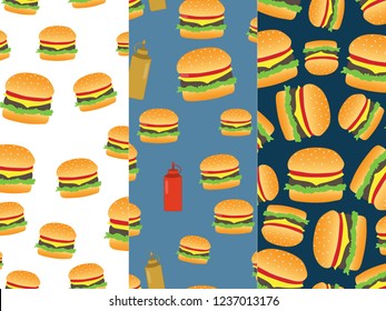 Set of three seamless abstract patterns with hand-drawn burgers. Flat design.