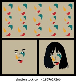 set of three seamless beautiful art in trendy indie gothic emo punk aesthetics style with one line face potrait, contemporary abstract colorful shapes pattern background