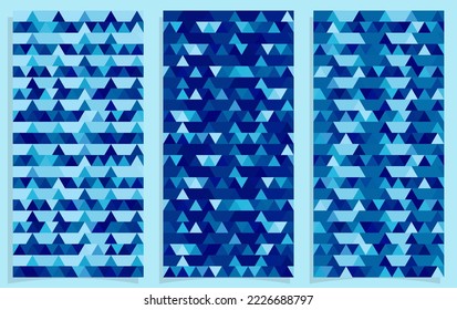 un conjunto de tres triángulos modernos y azules para diseños elegantes de textiles, tejidos, afiches, pancartas y cubiertas