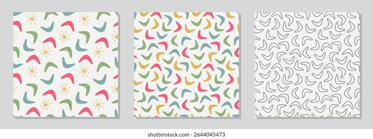Conjunto de três padrões de bumerangue sem costura com olhares abstratos, divertidos e esboçados. Padrões de bumerangue sem costura recoloríveis para impressão e uso digital