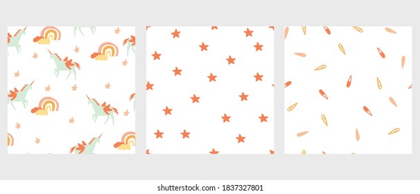 Set three seamless childish pattern with hand-drawn star, unicorn,rainbow vector illustration. Good for kids theme, fabrix, textile, stationary, card, wallpaper.