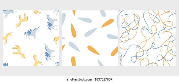 Set three seamless childish pattern with hand-drawn unicorn vector illustration. Good for kids theme, fabrix, textile, stationary, card, wallpaper.