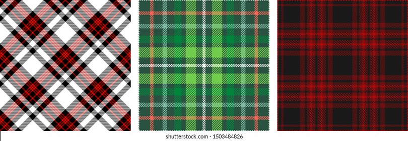 Set of three seamless Christmas plaid patterns in classic color palette of red, green and white.