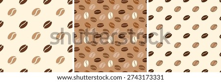 Set of three seamless coffee bean patterns in brown and beige tones, perfect for packaging, textiles and cafe design