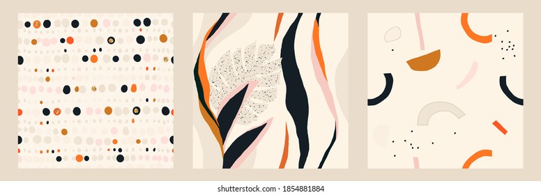 Set of three seamless colorful modern patterns. Hand drawn trendy abstract illustrations. Creative collage seamless patterns. 