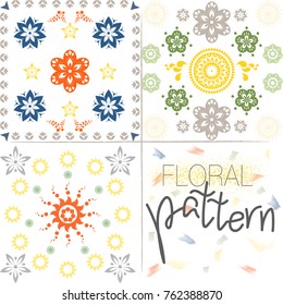 Set of three seamless colorful pattern with flowers. Ornate zentangle texture with abstract flowers. Seamless pattern can be used for wallpaper, pattern fills, web page background, surface textures.