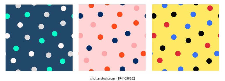 Set of three seamless colorful polka dot patterns. Print design for cover, background, fabric
