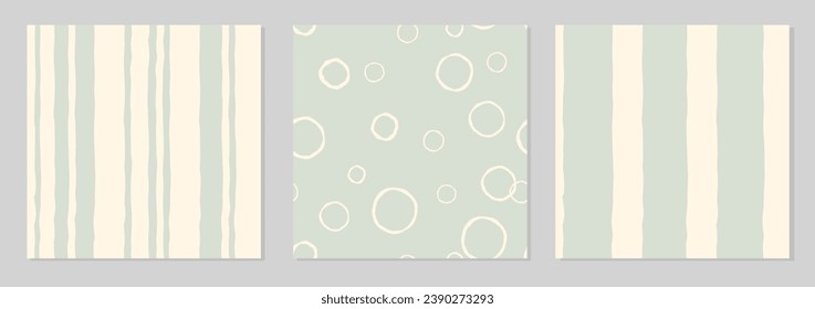 Conjunto de tres patrones de rayas de color impecables. Ilustraciones abstractas de moda. Líneas geométricas dibujadas a mano con patrones sin fisuras con líneas de rayas y puntos en estilo retro.