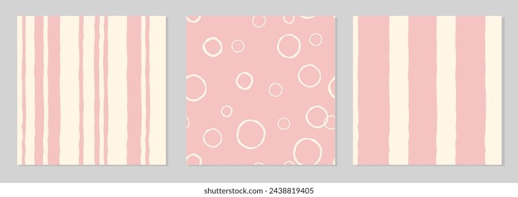 Set of three seamless colorful striped patterns. Gentle trendy abstract illustrations. Hand drawn geometric lines seamless patterns with stripe lines and dots in retro style.