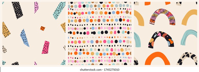 Set of three seamless colorful summer patterns. Hand drawn trendy abstract illustrations. Creative collage seamless patterns. 