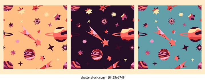 Set of three seamless colorful vector patterns with stars, comets, and planets on a colored background. Space. Illustration for gifts, banners, fabrics, postcards, holidays, pajamas