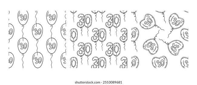 Set of three seamless doodle patterns with balloons featuring the number 30 in oval, heart, and numeric shapes