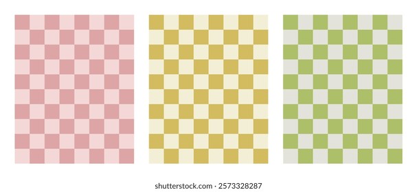 Set of three seamless endless patterns in pastel muted colors. Dirty pink, mustard, soft green checkerboard for fabric design, kitchen towels, wrapping paper, notebook cover. Vector squares.