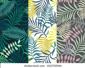 Set of three seamless floral pattern. Tropical background with palm leaves