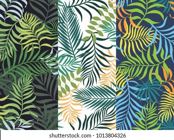 Set of three seamless floral pattern. Tropical background with palm leaves