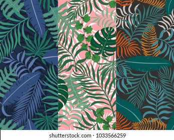 Set of three seamless floral pattern. Tropical background with palm leaves