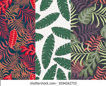 Set of three seamless floral pattern. Tropical background with palm leaves