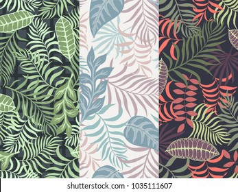 Set of three seamless floral pattern. Tropical background with palm leaves