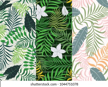 Set of three seamless floral pattern. Tropical background with palm leaves