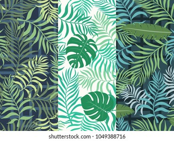 Set of three seamless floral pattern. Tropical background with palm leaves