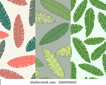 Set of three seamless floral pattern. Tropical background with banana leaves
