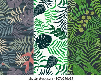 Set of three seamless floral pattern. Tropical background with palm leaves