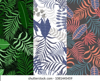 Set of three seamless floral pattern. Tropical background with palm leaves