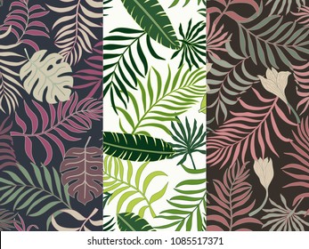 Set of three seamless floral pattern. Tropical background with palm leaves