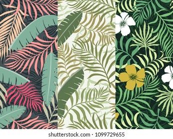 Set of three seamless floral pattern. Tropical background with palm leaves
