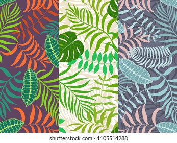 Set of three seamless floral pattern. Tropical background with palm leaves