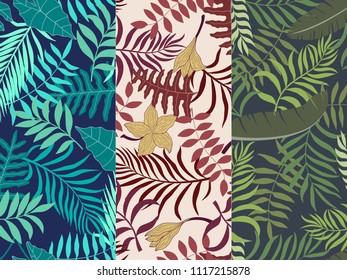 Set of three seamless floral pattern. Tropical background with palm leaves