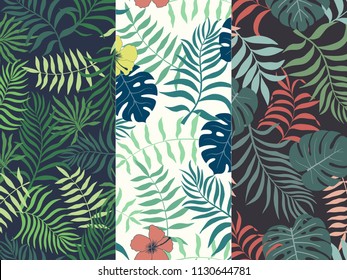 Set of three seamless floral pattern. Tropical background with palm leaves
