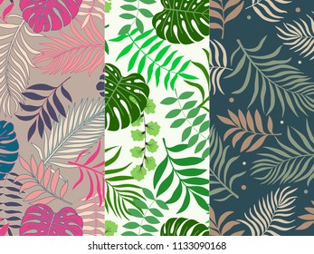 Set of three seamless floral pattern. Tropical background with palm leaves