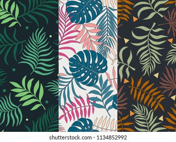 Set of three seamless floral pattern. Tropical background with palm leaves